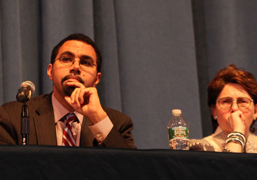 CARRIE MILLER PHOTO | Education commissioner John King and state Board of Regents Meryl Tisch listening to a parade of speakers at Tuesday night's forum.