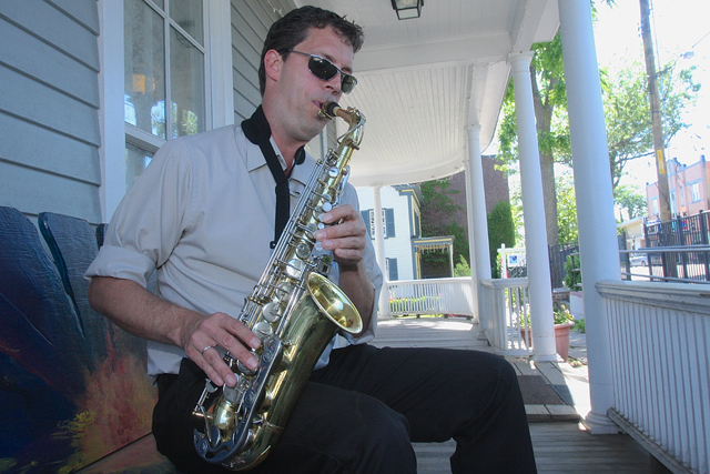 New Horizons band leader Matthew Gardiner plays his saxophone at East End Arts in Riverhead. (Credit: Barbaraellen Koch)