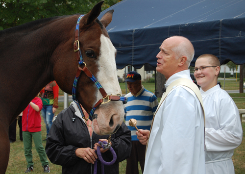 GRANT PARPAN PHOTO | Deacon Jeff Sykes and altar boy Chris Massey of Our Lady of Good Counsel Church in Mattituck bless a horse Sunday.
