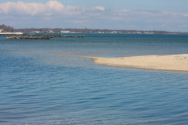 A sandbar juts into Peconic Bay at the end of Pine Neck Road in Southold. (Credit: Barbaraellen Koch)