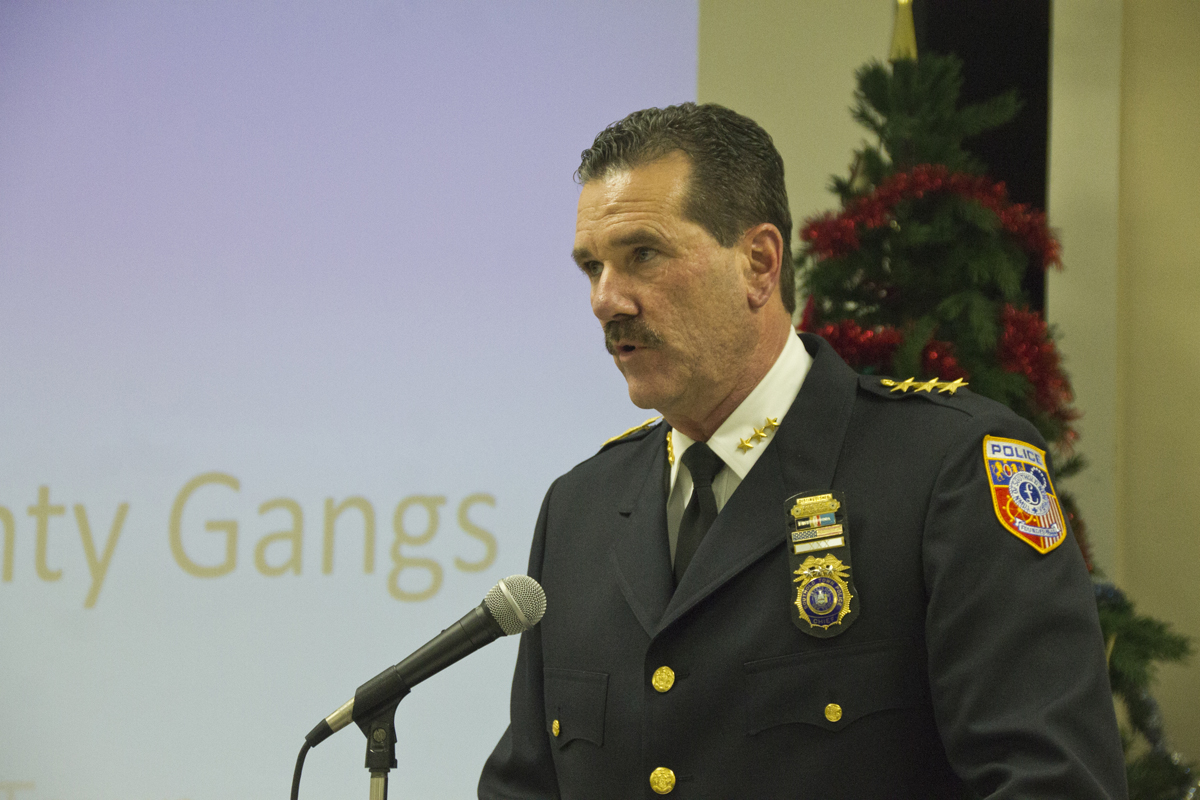 Police Chief Martin Flatley speaks at Thursday's information meeting on gangs. (Credit: Paul Squire)