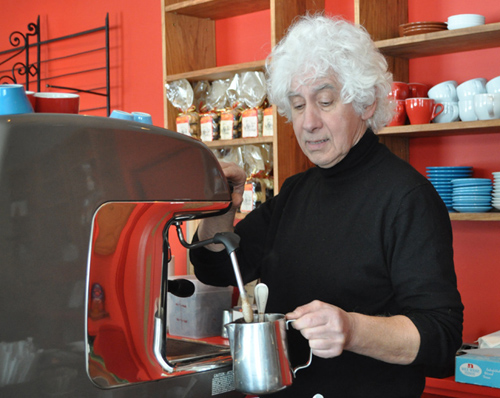 Aldo Maioranna makes a cup of his famous coffee at his Greenport shop Wednesday. (Photo by Rachel Young)