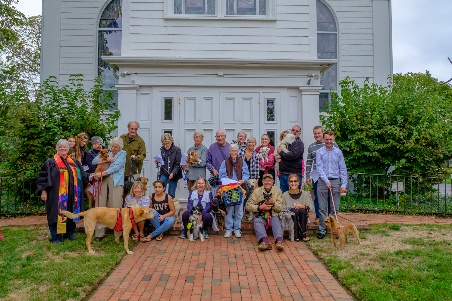 The animals and their owners gather for the blessing of the animals at Orient Congregational Church Sunday. (Credit: Jeremy Garretson of J.G. Photography)