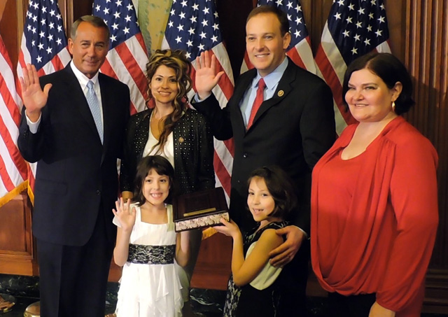 Congressman Lee Zeldin with family members and Speaker of the House John Boehner at his swearing in ceremony Tuesday. (Credit: Jennifer DISiena)