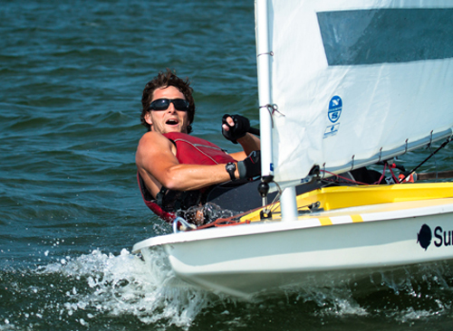 Bobby Boger, representing the United States Merchant Marine Academy, was the 2012 winner of the World’s Longest Sunfish Race, Around Shelter Island, N.Y. (Credit: Bridget Walter, North Fork Memories, Southold, N.Y.)
