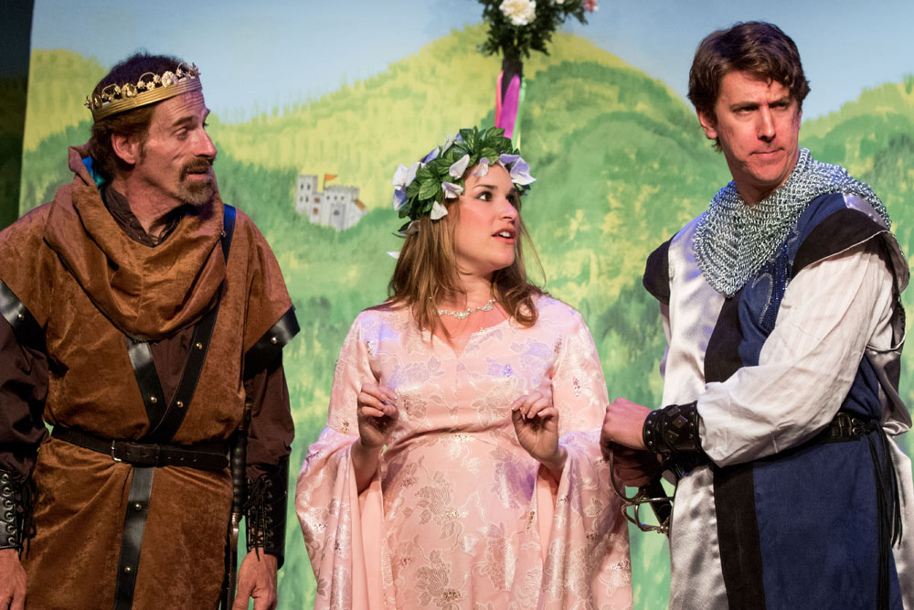 Rusty Kransky (from left), Kelsey Cheslock and Brett Chizever play Arthur, Guenevere and Lancelot in North Fork Community Theatre's production of 'Camelot.' (Credit: Katharine Schroeder)
