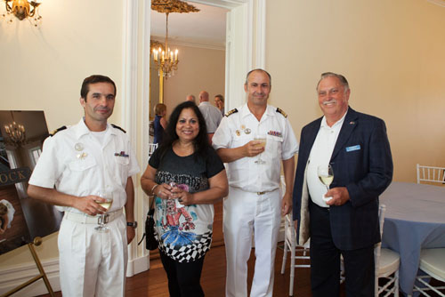 From left, Humberto Rocha, executive officer of the Sagres; guest Selma de Silva; Paulo Portugal, Commanding Officer of Sagres; Ron Bruer from the East End Seaport Museum. (Credit: Katharine Schroeder photos)