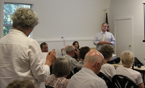 Resident Cathy Simicich asks town principal planner Mark Terry about affordable housing at Wednesday's Mattituck-Laurel Civic Association meeting. (Credit: Jen Nuzzo)
