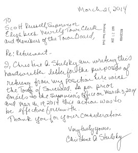 The handwritten resignation letter submitted by former Southold Town justice court clerk Christine Stulsky on March 21. Click the letter to enlarge.
