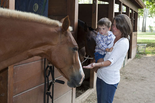 Two-year-old Mason Sterling of Mattituck meets Rauno the horse as Patti Cummings of Southold looks on.