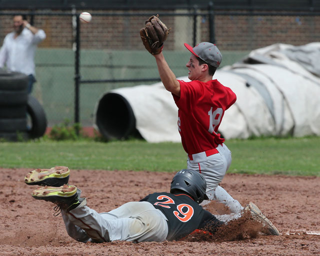 Noah Mina waits for the throw as Tuckahoe's Anthony Castracucco slides into second. (Credit: Daniel De Mato)