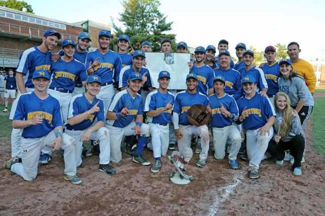 Mattituck poses with the championship plaque and their "Good Luck Gnome "after they defeated Albertus Magnus 9-5 in extra innings in the Class B Baseball South East Regional Championship game at Mamaroneck High School in Mamaroneck. (Credit: Daniel De Mato) Daniel De Mato