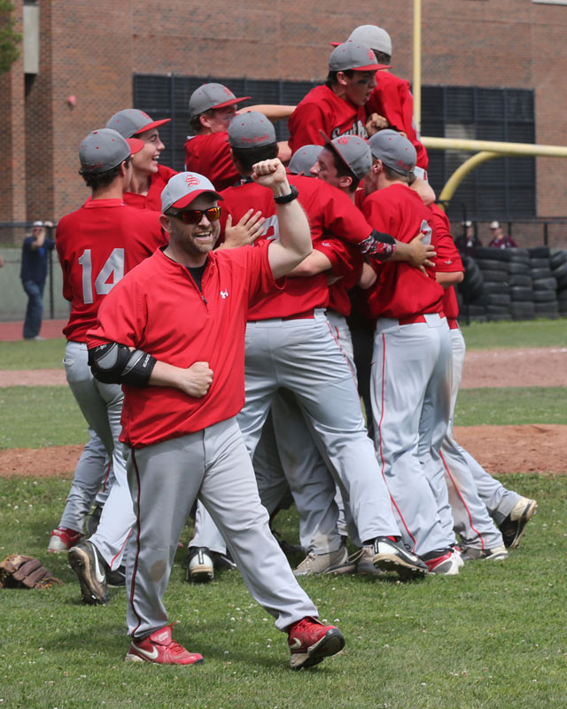 The Celebration begins as Southold defeats Tuckahoe 8-5  in the Class C Baseball Regional Championship game at Mamaroneck High School in Mamaroneck. (Credit: Daniel De Mato)
