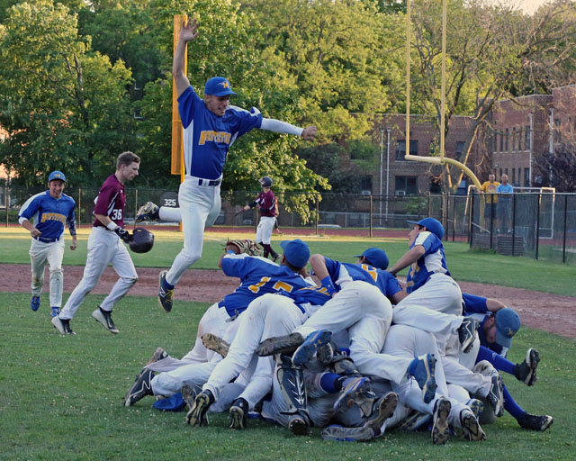 Mattituck celebrates after they defeated Albertus Magnus 9-5 in extra innings in the Class B Baseball South East Regional Championship game at  Mamaroneck High School in Mamaroneck. (Credit: Daniel De Mato)