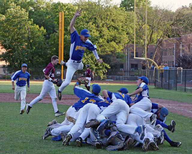 Mattituck celebrates after they defeated Albertus Magnus 9-5 in extra innings in the Class B Baseball South East Regional Championship game at  Mamaroneck High School in Mamaroneck. (Credit: Daniel De Mato)