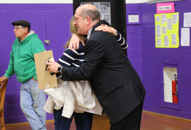 Greenport superintended David Gamberg celebrates the district's budget approval Tuesday. (Credit: Nicole Smith)