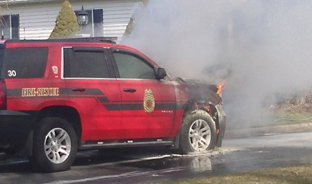 The vehicle caught fire while in the chief's driveway Saturday morning. (Credit: Joe Werkmeister)