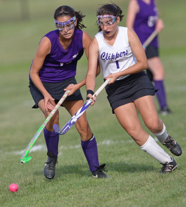 GARRET MEADE PHOTO | Port Jefferson's Chiara Rabenno, left, and Greenport/Southold's Gina Seas going shoulder to shoulder in pursuit of the ball.