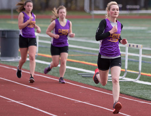 Greenport/Southold's Heather Koscinch turned in a second-place showing in the 3,000 meters in 14 minutes 9.9 seconds during Monday's meet in Hampton Bays. (Credit: Katharine Schroeder)