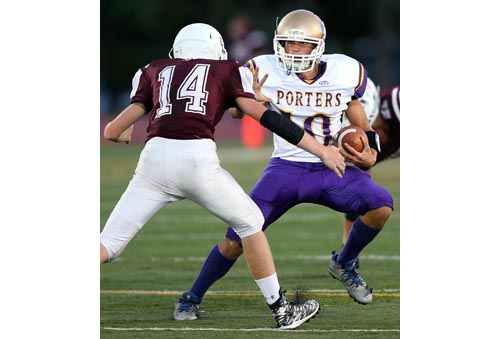 Greenport/Southold/Mattituck quarterback Dylan Marlborough has used his throwing arm, his legs and his football I.Q. to help the Porters win their first two games. (Credit: Garret Meade)