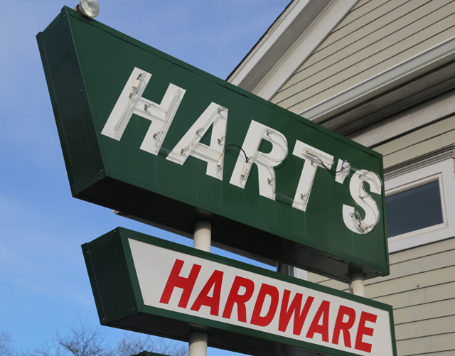 Hart's True Value Hardware closed last year after decades in business on Main Road in Southold. The property's new owner says he'll try to find a way to retain the store's iconic neon sign. (Credit: Paul Squire)