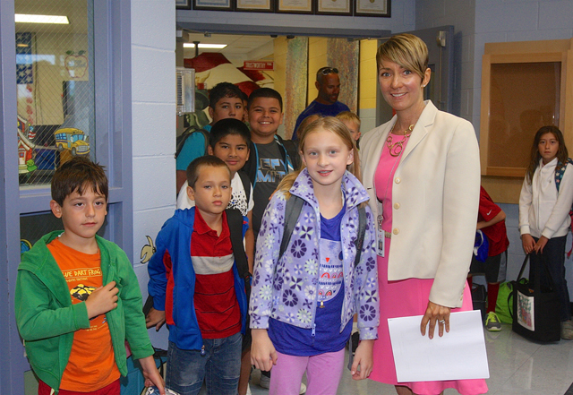 Southold Elementary School principal greeted students in the lobby Tuesday morning.