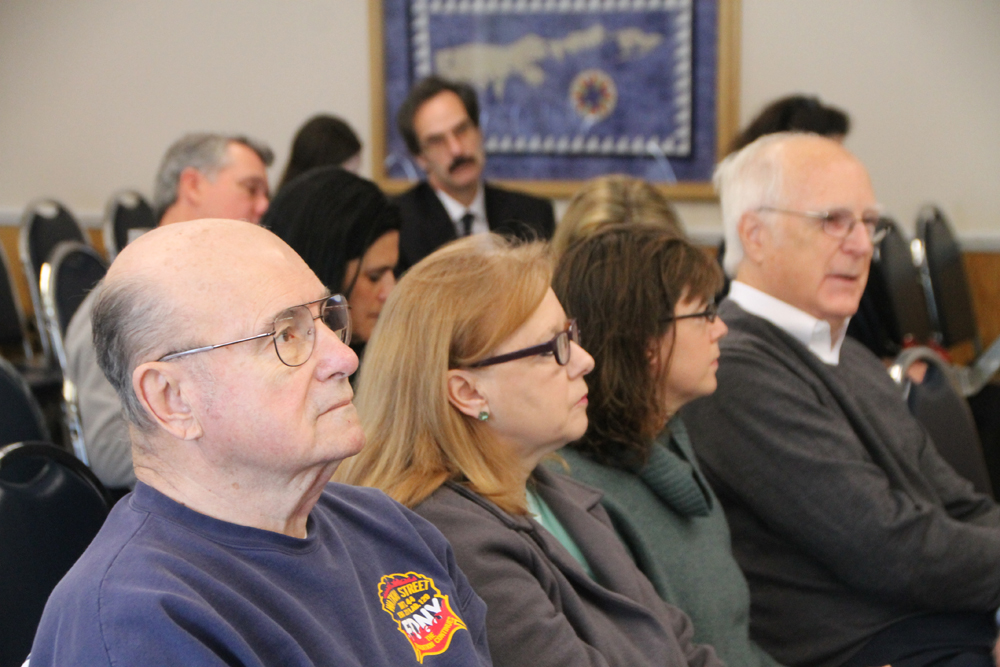 Members of the Southold Town Tick Committee, (L-R) Jim Duggan, Maureen Massa, Laura Klarhe and chair John Rasweiler, present their findings to the Southold Town Board Tuesday morning. (Credit: Paul Squire)
