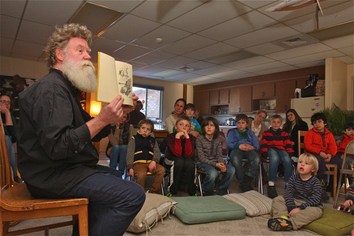 Scott Chaskey reads to the Peconic Community School late last month. (Credit: Barbaraellen Koch)