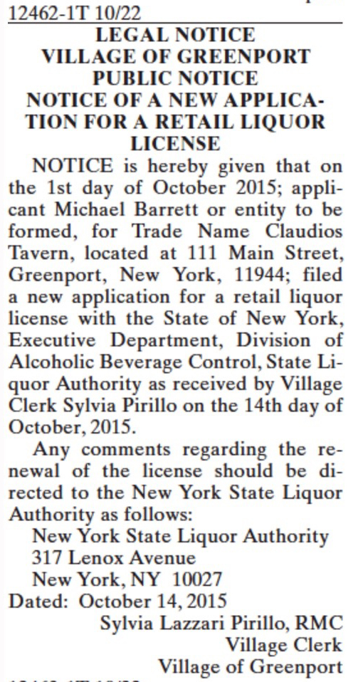 The legal notice as it appeared in this week's issue of The Suffolk Times.