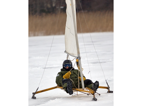 Bill Kanz of Orient ice boating on Great Pond in Southold. (Credit: Garret Meade)