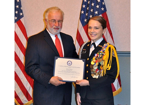 Cadet Commander Jamie Grigonis receiving a Congressional Nomination to the Merchant Marine Academy from Congressman Tim Bishop. She has also earned a full four-year Army ROTC scholarship to Fordham University. (Credit: Joyce Grigonis, courtesy)