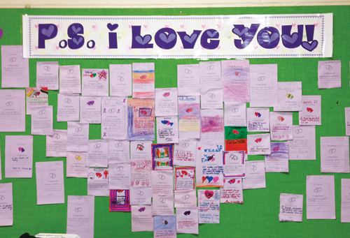 Shoreham-Wading River student Giavanna Verdi created this bulletin board where people can post compliments, inspirational quotes or song lyrics.