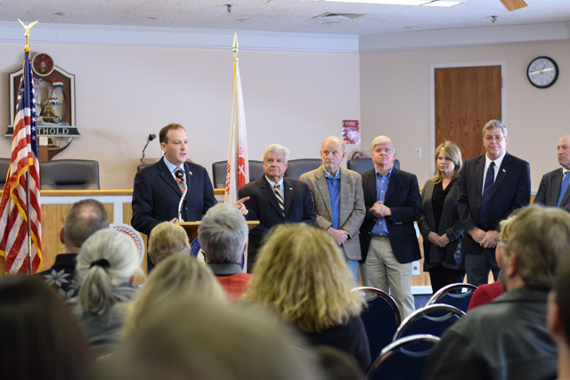 Congressman Lee Zeldin speaks to reporters and concerned members of the public at a press conference on helicopter noise at Southold Town Hall in March 2015. (Credit: Vera Chinese)