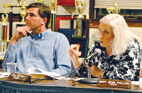 JENNIFER GUSTAVSON FILE PHOTO | Greenport Village Trustee Mary Bess Phillips, right, at a Village Board meeting in February 2012.