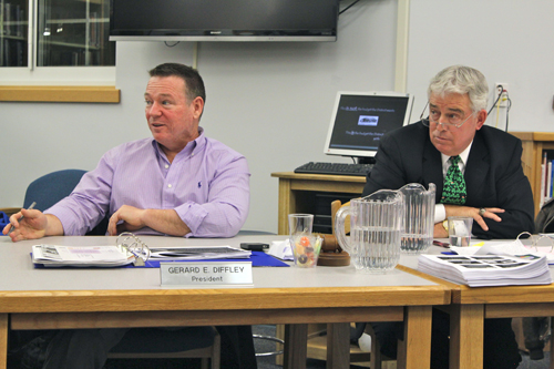 Mattituck-Cutchogue School District Superintendent James McKenna, right, and school board president Jerry Diffley during a meeting last year. (File photo by Jennifer Gustavson)