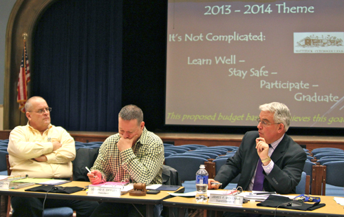 From right, Mattituck-Cutchogue School District Superintendent James McKenna, board president Jerry Diffley and vice president Charlie Anderson at Thursday night's budget workshop. (Credit: Jennifer Gustavson)