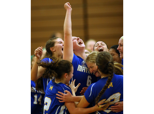 Mattituck players celebrate their semifinal victory over Greenport/Southold, which advances the Tuckers to a county final for the ninth time in 11 seasons. (Credit: Garret Meade)