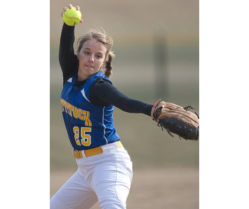 Lisa Angell came within one out of a perfect game. The Mattituck junior delivered a career-high nine strikeouts in her one-hit shutout of Stony Brook. (Credit: Garret Meade)