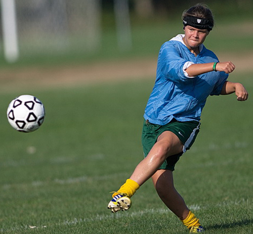 Catherine Hayes gives the ball a boot during Mattituck's practice on Tuesday morning. (Credit: Garret Meade)