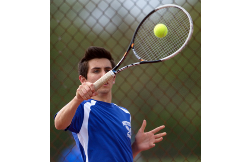 Parker Tuthill did his part as Mattituck swept the four singles matches against Longwood. He scored a 6-0, 6-0 win over Terence Lin. (Credit: Garret Meade)