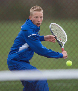 GARRET MEADE PHOTO | Thomas Chatin of Mattituck lost his first four games at fourth singles to Longwood's Nick Zier before recovering for a two-set victory.