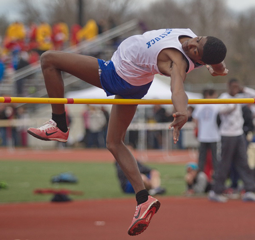 GARRET MEADE PHOTO | Mattituck high jumper Darius Brew missed this attempt, his first at 5 feet 7 inches, but went on to clear a personal-record 6-0 and tie for fourth place.