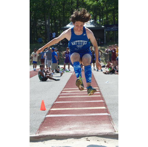 Mattituck's Jack Dufton turned in a personal record in the long jump and three other events to help him to a second-place finish in the pentathlon. (Credit: Robert O'Rourk)