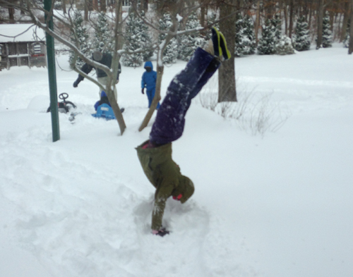 Suffolk Times reader Molly Waitz does a handstand in the snow in Mattituck.