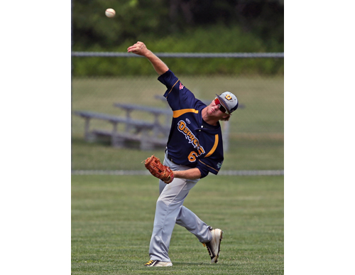 North Fork center fielder Tyler Houston making a throw home to complete a double play during Thursday's game against Sag Harbor. (Credit: Daniel De Mato)