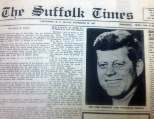 The front page of the Nov.r 29, 1963 edition of The Suffolk Times.