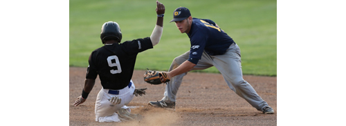 North Fork second baseman Brad Witkowski tags out Southampton's Donovan May, who tried to steal second base in the first inning. (Credit: Daniel De Mato)