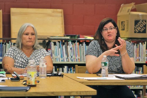 JENNIFER GUSTAVSON FILE PHOTO | From right, Oysterponds school board president Dorothy-Dean Thomas and Linda Goldsmith. The Board of Education meets tonight at the elementary school in Orient.