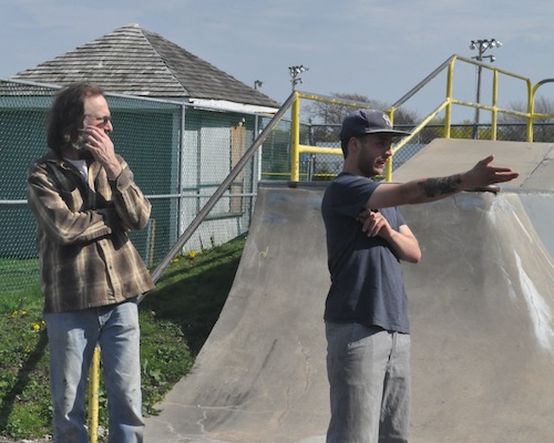 Mayor David Nyce (left) listens to skater Justin “Bo” Pollack on his idea for the skate park. (Cyndi Murray photo)