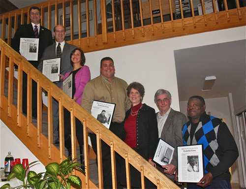 The Suffolk Times People of the Year included, from left, Mike Comanda (co-Person of the Year), David Gamberg (co-Person of the Year), Heather Lanza (Public Servant of the Year), Charlie Manwaring (Business Person of the Year) Doris and Ron McGreevy (Civic People of the Year) and Al Edwards (Educator of the Year). (Credit: Barbaraellen Koch)